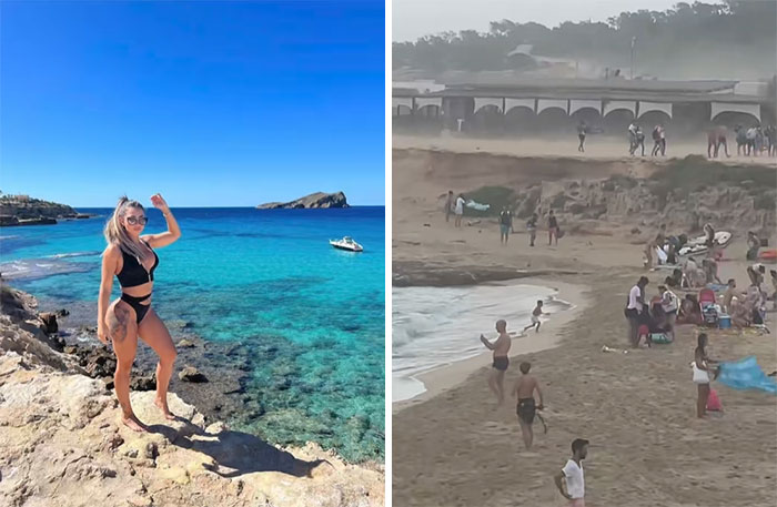 Mujer posa en la playa con mar azul a la izquierda; a la derecha, playa llena de personas en un día nublado. Instagram vs Realidad.