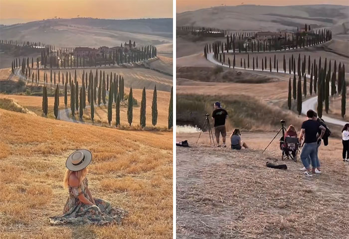 Mujer sentada en campo pintoresco de Instagram, versus realidad con fotógrafos capturando la escena.
