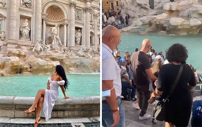 Mujer posando en la Fontana di Trevi a la izquierda, realidad con multitudes a la derecha. Instagram vs realidad.