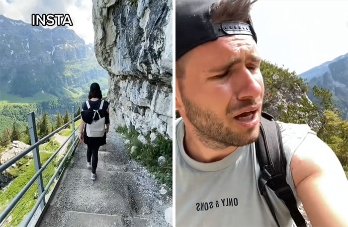 Persona en una caminata montañosa, ilustrando el contraste Instagram vs realidad.