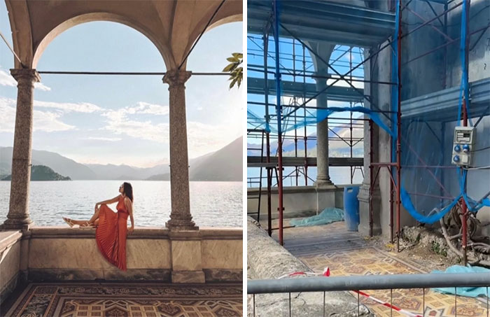 Doble imagen contrastando "Instagram vs Realidad": una mujer en un lugar idílico junto al mar, y una vista con andamios.