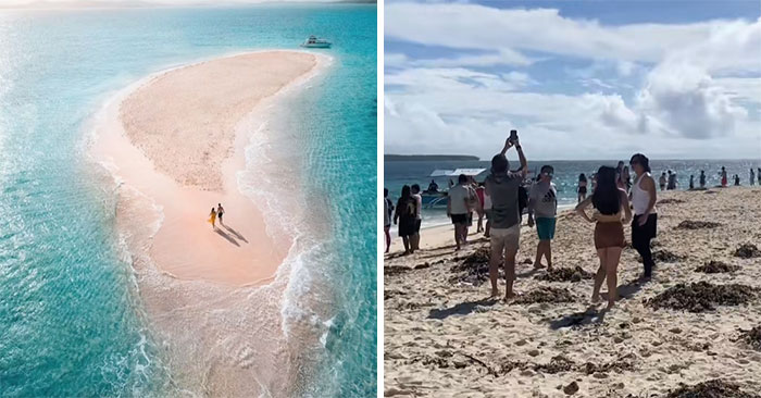 Pareja caminando en isla paradisíaca solitaria a la izquierda, multitud en la playa a la derecha, mostrando Instagram vs Realidad.