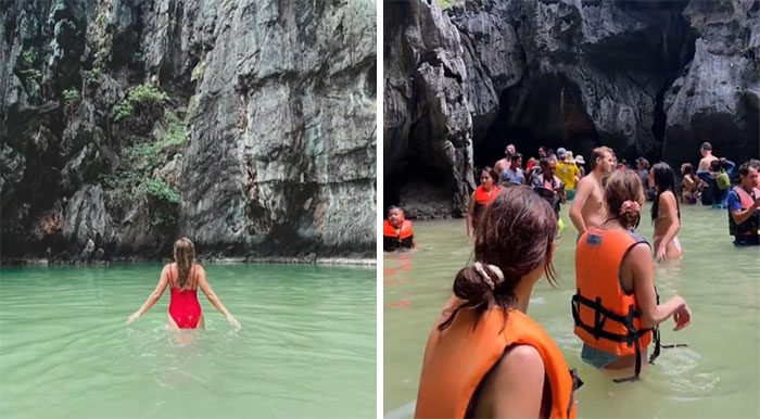 Mujer en traje de baño rojo en agua cristalina a la izquierda; multitud en el mismo lugar a la derecha. Instagram vs Realidad.