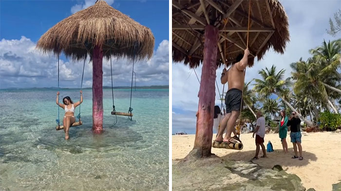 Persona en un columpio sobre el agua cristalina y otra columpiándose en la playa, ejemplo de Instagram vs realidad.