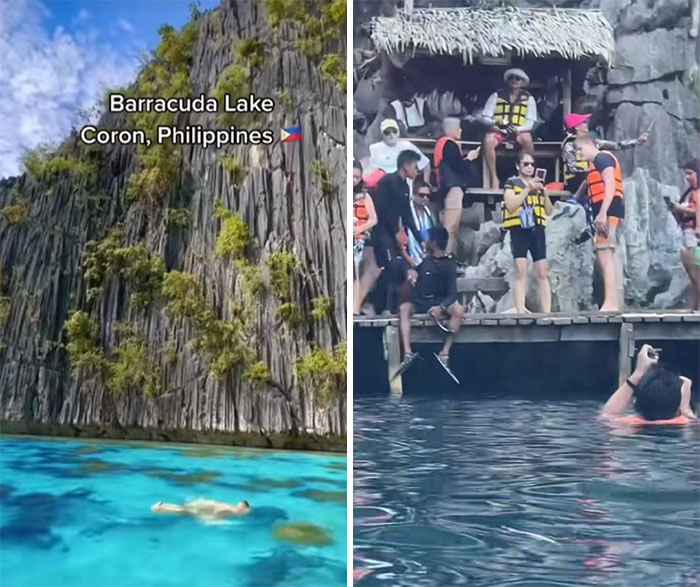 Dos fotos contrastan Instagram vs Realidad: vista serena de lago Barracuda y aglomeración de turistas en Coron, Filipinas.
