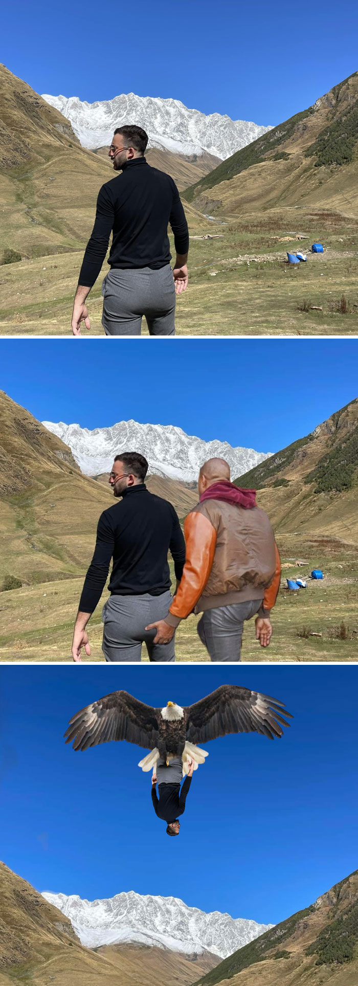 Hombre en montaña con photoshop divertido que incluye persona tocando y águila voladora en paisaje natural.