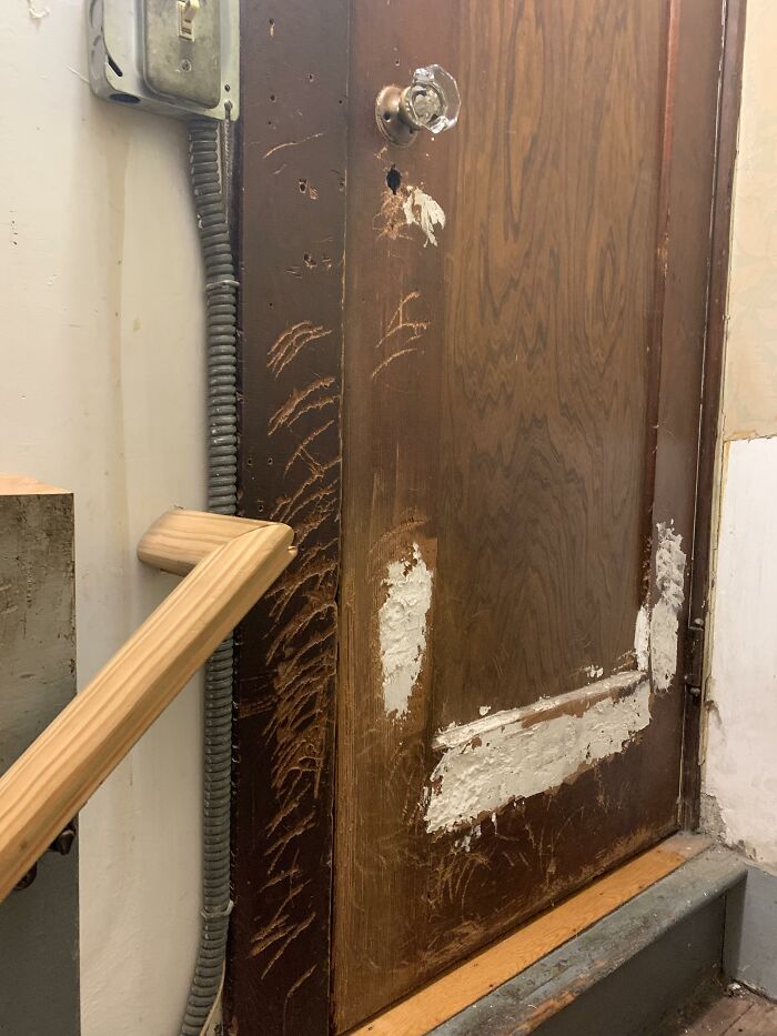 Puerta de madera dañada con rayones y reparaciones improvisadas en casa antigua tras mudanza con sorpresa.
