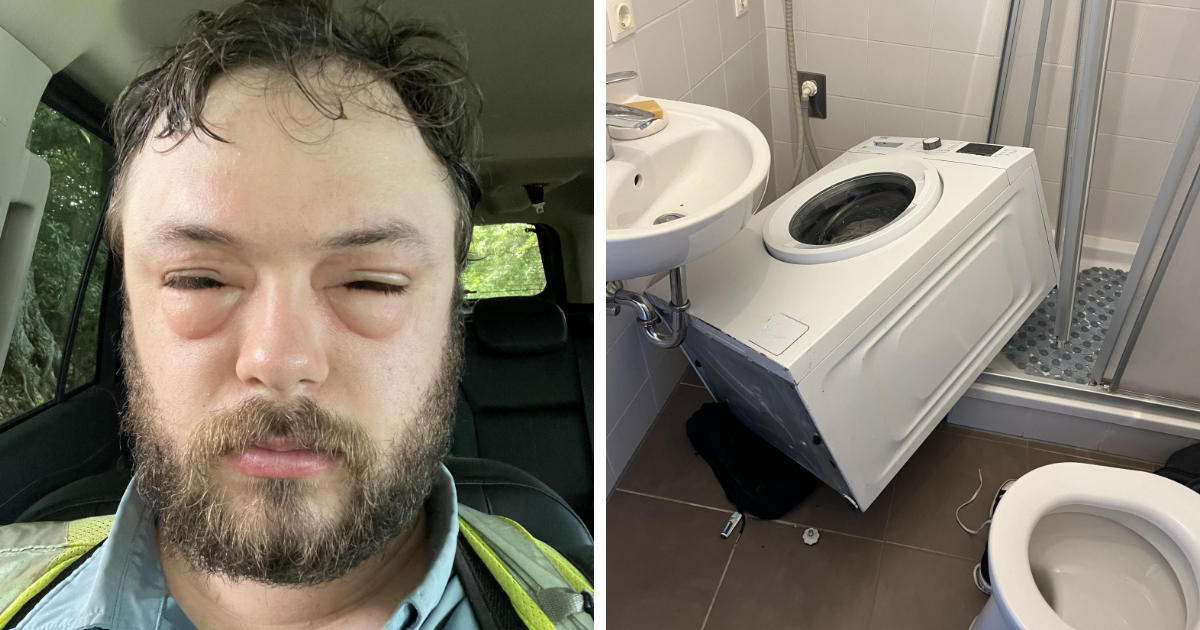 Hombre con ojos muy hinchados y lavadora cau00edda en bau00f1o pequeu00f1o, dos ejemplos de personas teniendo un mal du00eda.