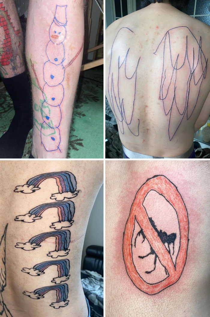 Tatuajes que fueron una mala elección con diseños poco profesionales y colores mal aplicados en diferentes partes del cuerpo.