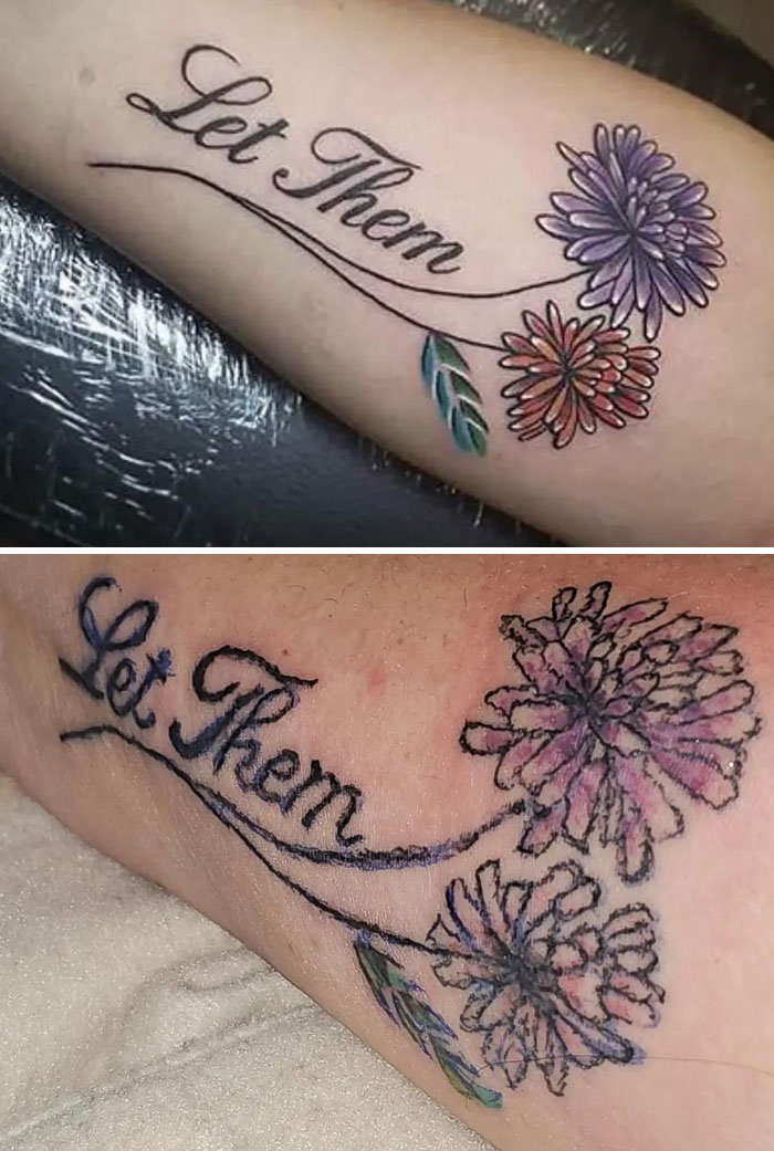 Tatuajes que fueron una mala elección comparando un diseño original y uno con mal acabado en flores y texto Let Them.