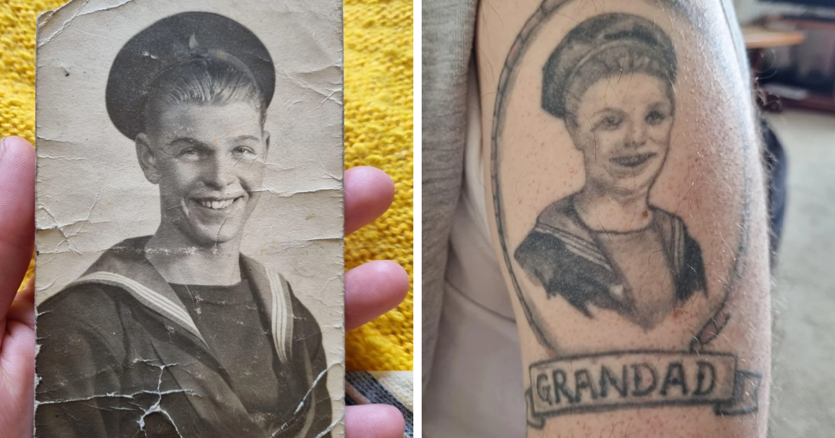 Tatuaje mal hecho inspirado en foto antigua de marinero sonriendo con gorra, error comu00fan en tatuajes mala elecciu00f3n.