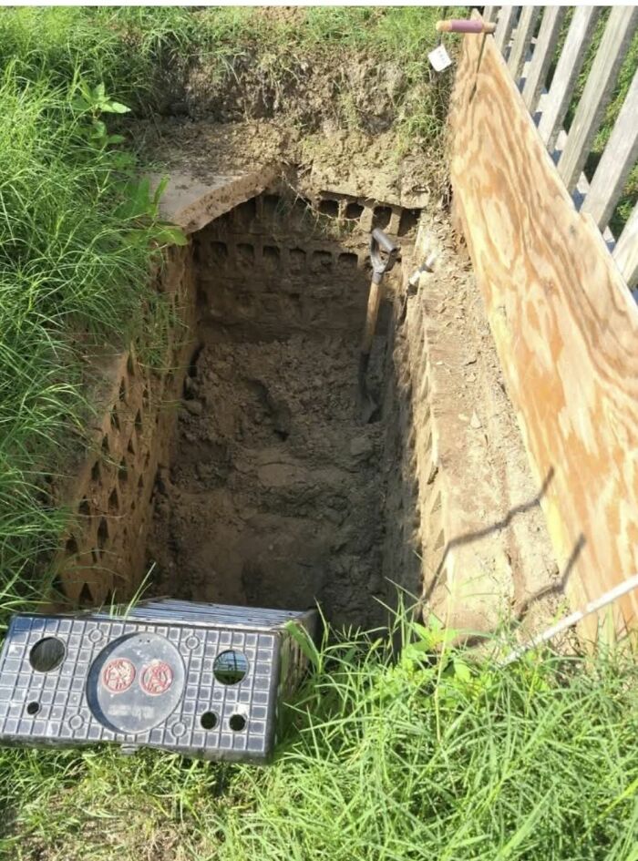 Excavación en casas olvidadas con descubrimientos curiosos en un espacio enterrado rodeado de césped y tablones de madera.