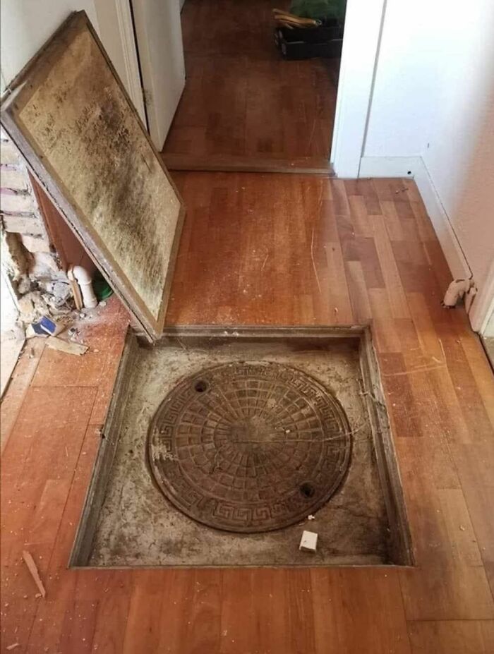 Descubrimiento curioso en casa olvidada con trampilla de metal antigua oculta bajo el suelo de madera deteriorado.