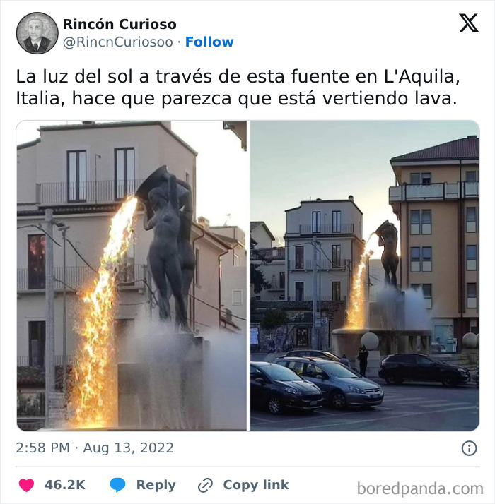 Fuente en L'Aquila que parece lava vertiéndose, uno de los objetos interesantes que parecen otras cosas.