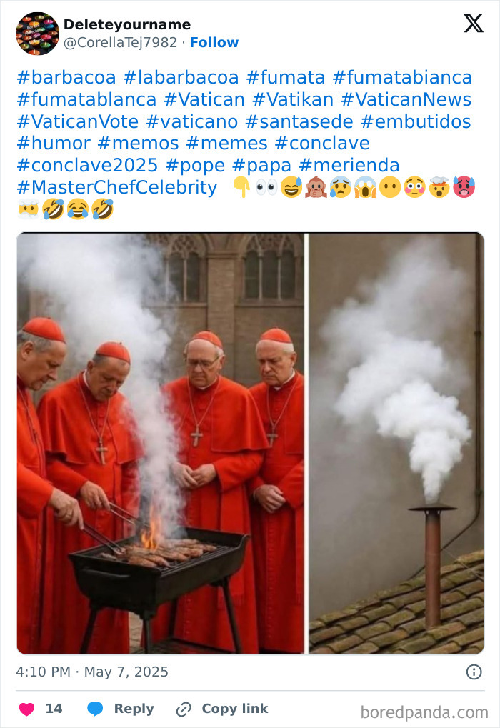 Cardenales en hábito rojo cocinando embutidos al carbón con humo saliendo que simula señal del Vaticano, memes sobre el Papa.
