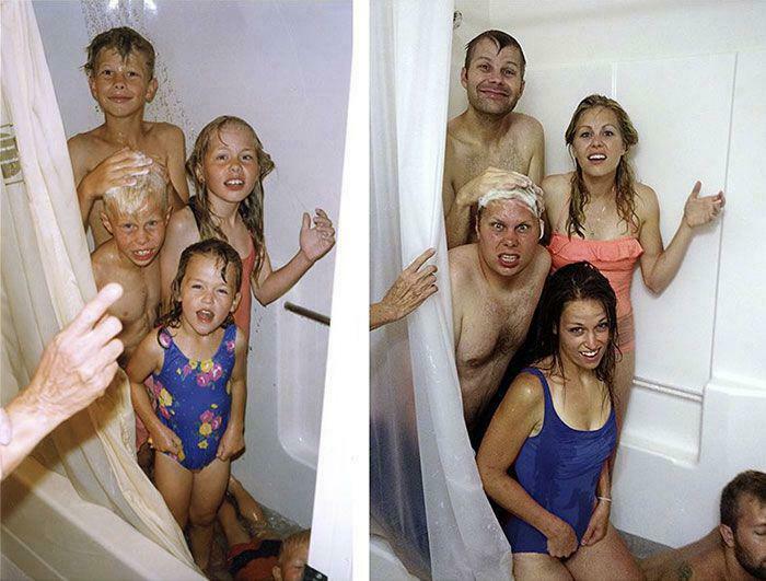 Niños y adultos en la ducha con expresiones cómicas y extrañas, imagen bendecida y maldita simultáneamente.
