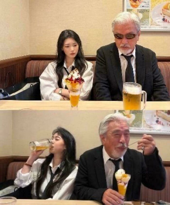 Pareja en restaurante disfrutando bebidas y postres, imagen que refleja momentos bendecidos y malditos simultáneamente.