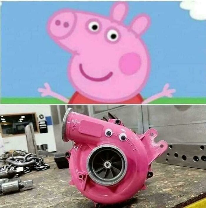 Parte superior imagen animada cerdita rosa, parte inferior turbo pintado rosa con ojos movibles concepto imágenes bendecidas y malditas.