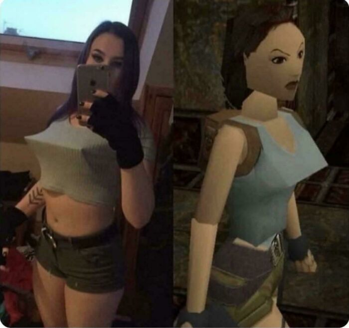 Mujer disfrazada y personaje de videojuego con estilo pixelado que representan imágenes bendecidas y malditas.