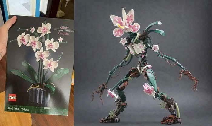 Figura de LEGO flor orquídea bendecida y maldita con piezas armables y diseño creativo y detallado en tonos verdes y rosas.