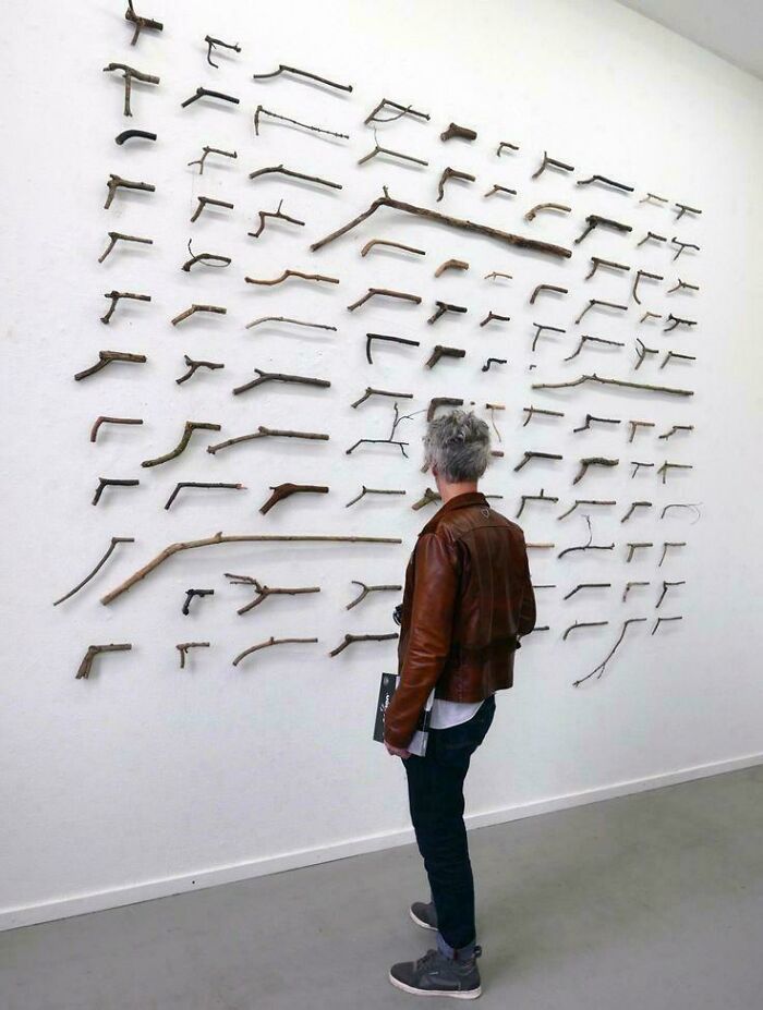 Persona observando una colección de ramas en la pared, imagen con elementos bendecidos y malditos al mismo tiempo.