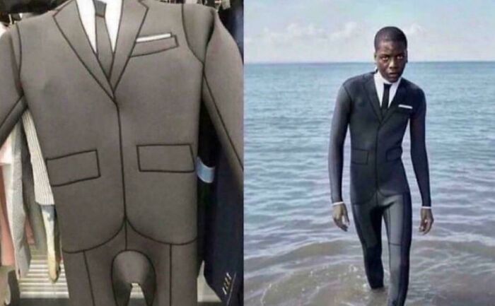 Traje de neopreno diseñado para parecer un traje formal, imagen bendecida y maldita al mismo tiempo en un contexto surrealista.