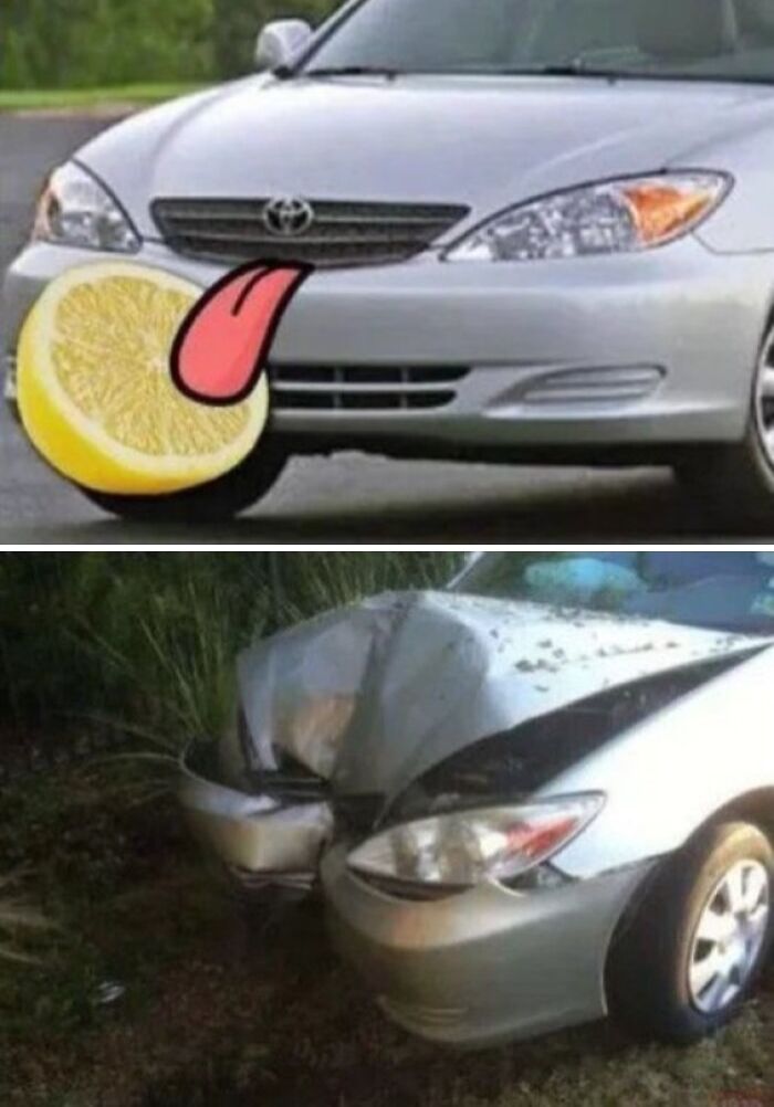 Auto plateado con dibujo de limón y lengua frente a choque grave, imagen bendecida y maldita al mismo tiempo.