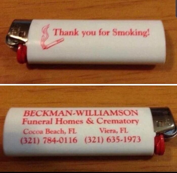 Encendedor con mensaje irónico sobre fumar y publicidad de funeraria, imagen bendecida y maldita al mismo tiempo.