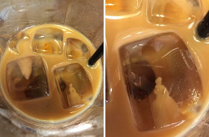 Hielo con figuras similares dentro de un vaso de café con leche, mostrando una coincidencia increíble y curiosa.