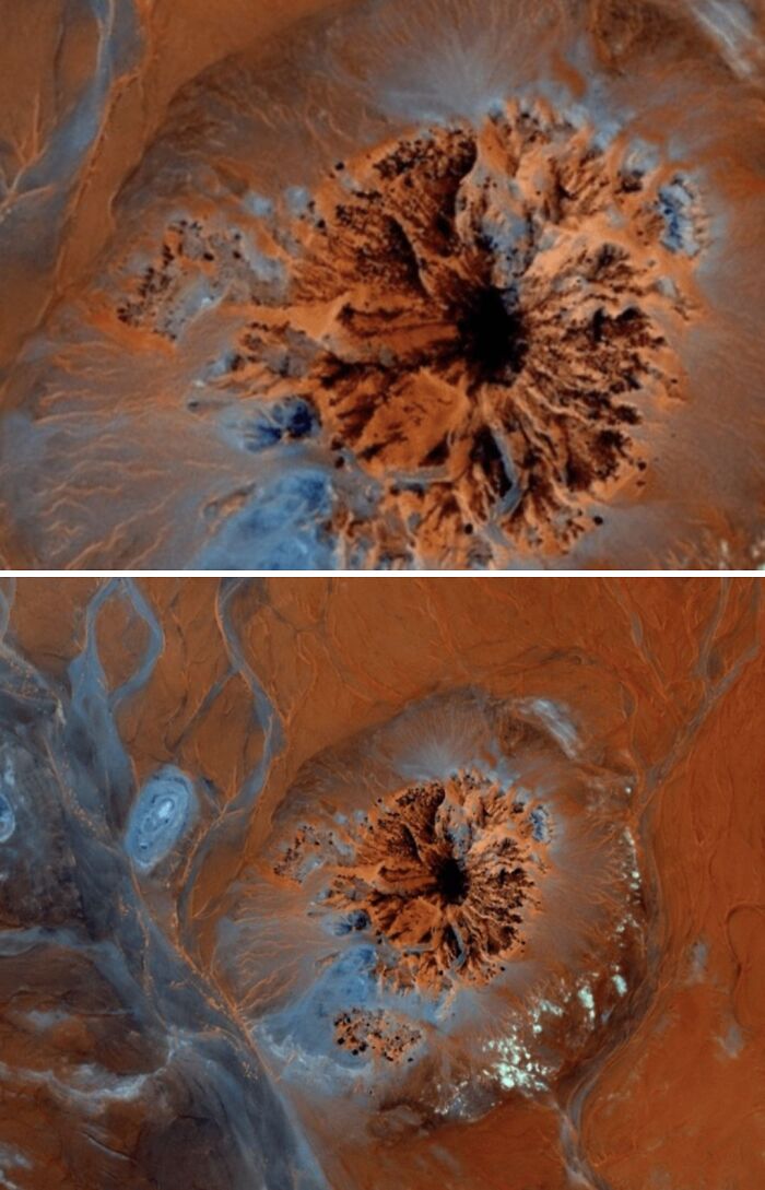 Imágenes satelitales de un paisaje volcánico colorido y misterioso, parte de lugares encontrados en Google Earth.