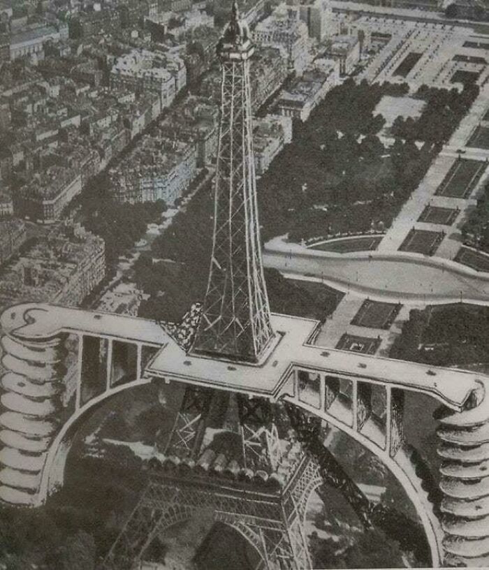 Vista aérea de una torre con diseño creativo y surrealista, una de las fotos tan interesantes que parece ilegal mirar.