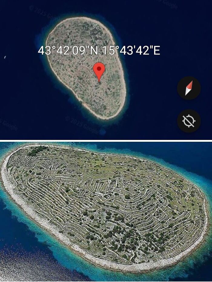 Isla misteriosa con patrones extraños vista en Google Earth, uno de los lugares raros encontrados en exploraciones satelitales.