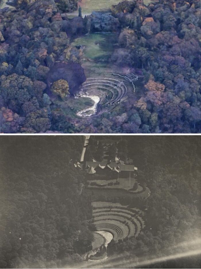 Lugar misterioso en Google Earth con terrazas circulares rodeadas de bosque, mostrando un sitio raro y divertido.