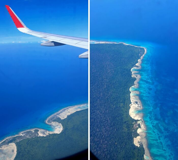 Vista aérea desde avión sobre una costa con playas y mar azul, una de las fotos tan interesantes para ver sin protección.