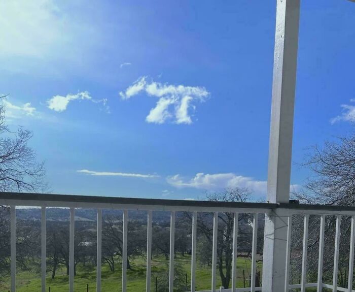 Nube con forma interesante que parece otras cosas, vista desde una terraza con barandilla blanca y paisaje rural.
