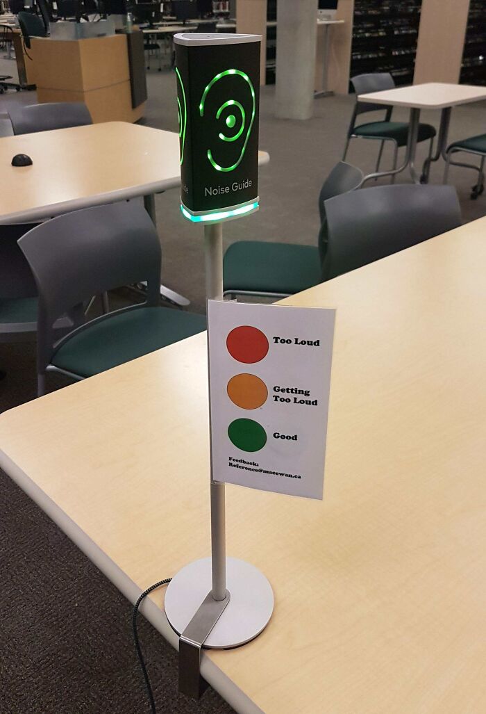 Dispositivo guía de ruido con indicadores luminosos para controlar niveles de sonido en espacios compartidos.