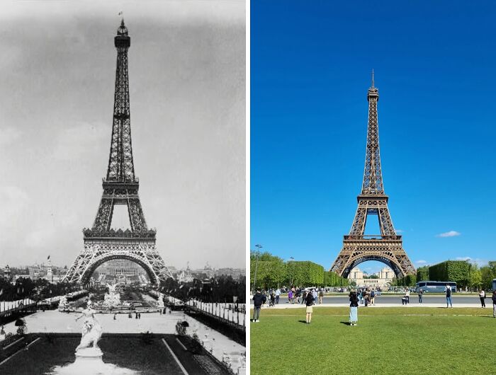 Fotos antes y ahora de la Torre Eiffel mostrando cambios con el paso del tiempo en París, ejemplo de tiempo que no espera.