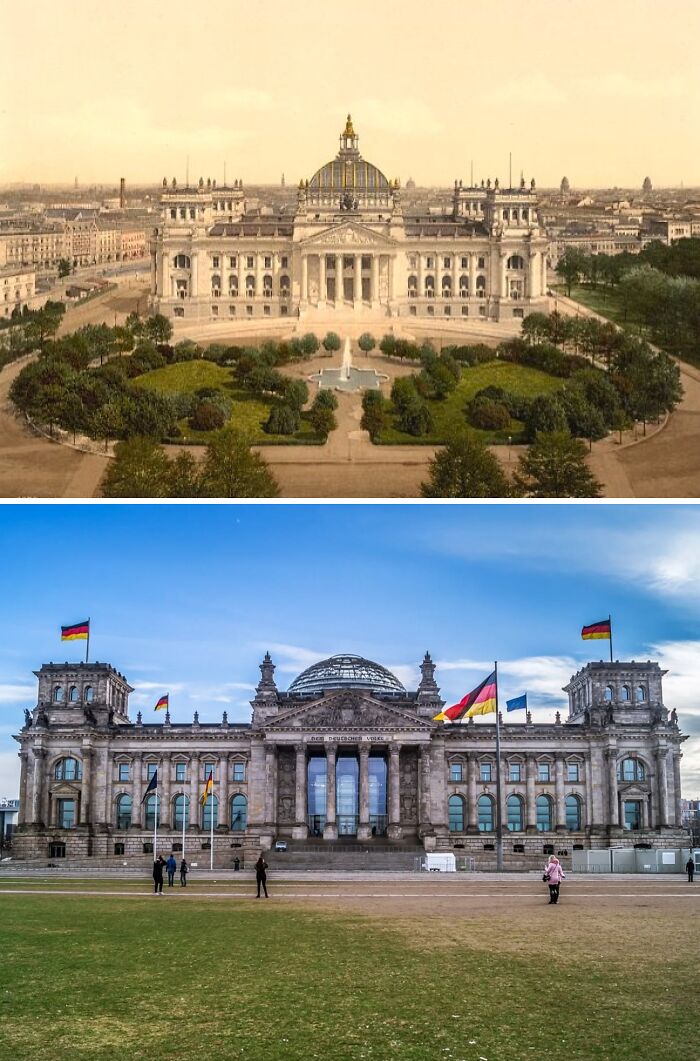 Fotos de antes y ahora del edificio histórico con jardines frente, mostrando que el tiempo no espera a nadie.