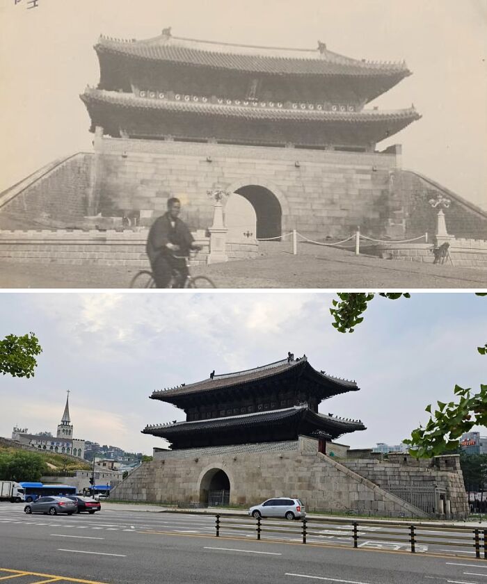 Foto de antes y ahora mostrando el cambio en un monumento histórico con coches y ciclista, reflejando el paso del tiempo.