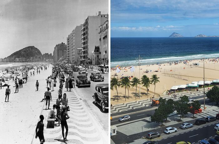 Fotos de antes y ahora de una playa con cambios visibles en edificios, tránsito y ambiente, mostrando el paso del tiempo.