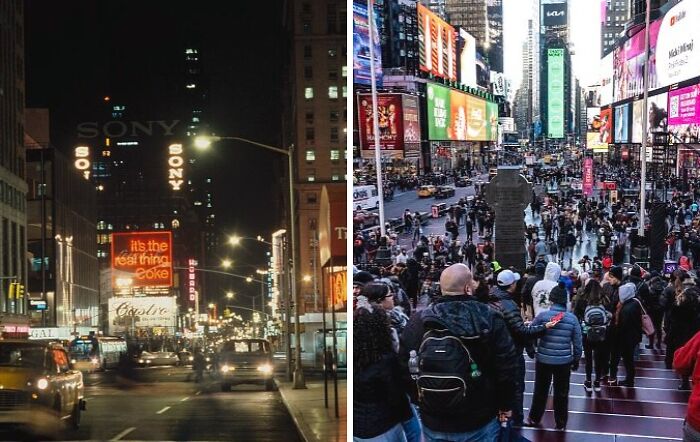 Fotos alucinantes de antes y ahora mostrando el cambio del tiempo en una ciudad con calles y gente en movimiento.