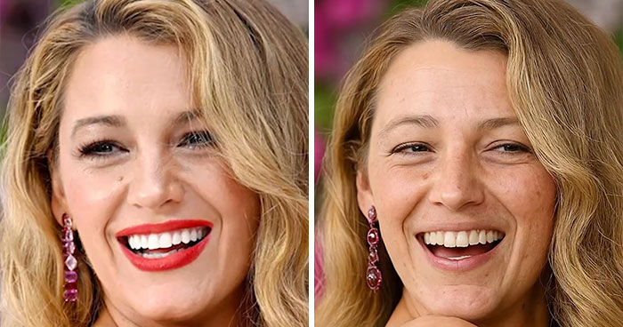Mujer sonriente en imagen lado a lado mostrando mujeres más bellas de Hollywood sin procedimientos cosméticos ni filtros.