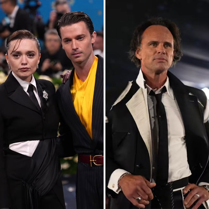 Personas con atuendos elegantes y expresiones serias en momentos incómodos durante la Gala Met 2025.