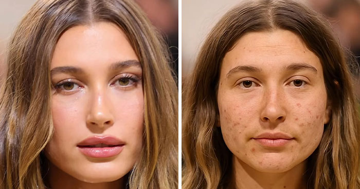 Comparación del rostro de una mujer de Hollywood con maquillaje y filtros versus piel natural sin procedimientos cosméticos.