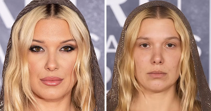 Comparación lado a lado de una mujer hermosa de Hollywood con maquillaje y filtros versus su aspecto natural sin procedimientos cosméticos.