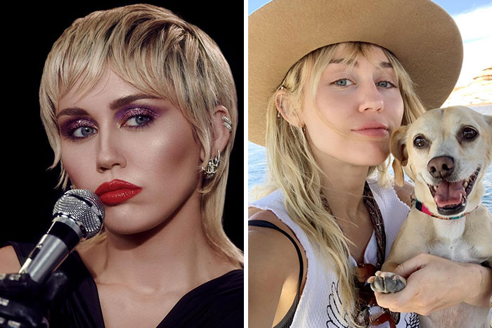 Miley Cyrus con maquillaje en un escenario y sin maquillaje en selfie al aire libre con su perro, mostrando cambio de aspecto.