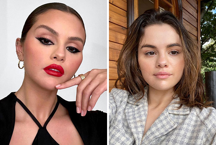 Imágenes comparativas de celebridades con maquillaje y sin maquillaje mostrando su aspecto natural sorprendente.