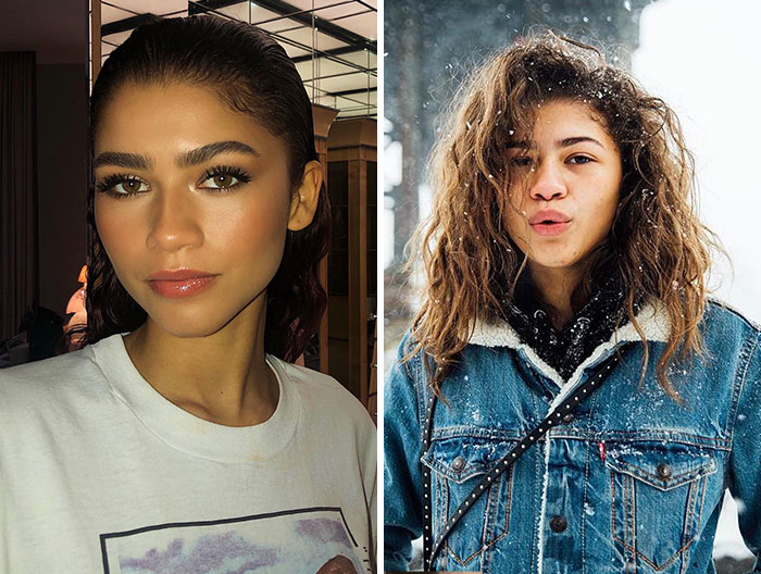 Actriz con maquillaje y sin maquillaje en exteriores con nieve, destacando el cambio en celebridades sin maquillaje.