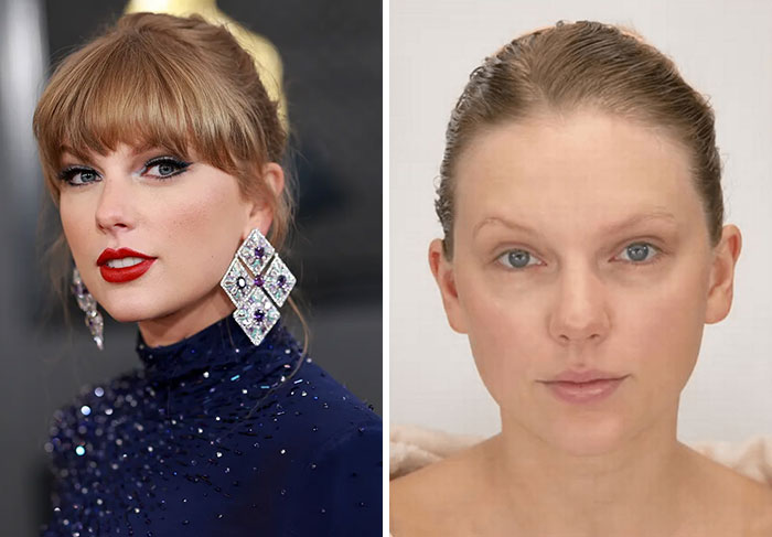 Comparación de celebridad con y sin maquillaje, mostrando naturalidad y aspecto sorprendente sin cosméticos.