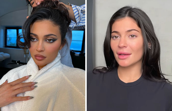 Celebridad con maquillaje y sin maquillaje, mostrando aspecto natural en comparación para fotos sin maquillaje.
